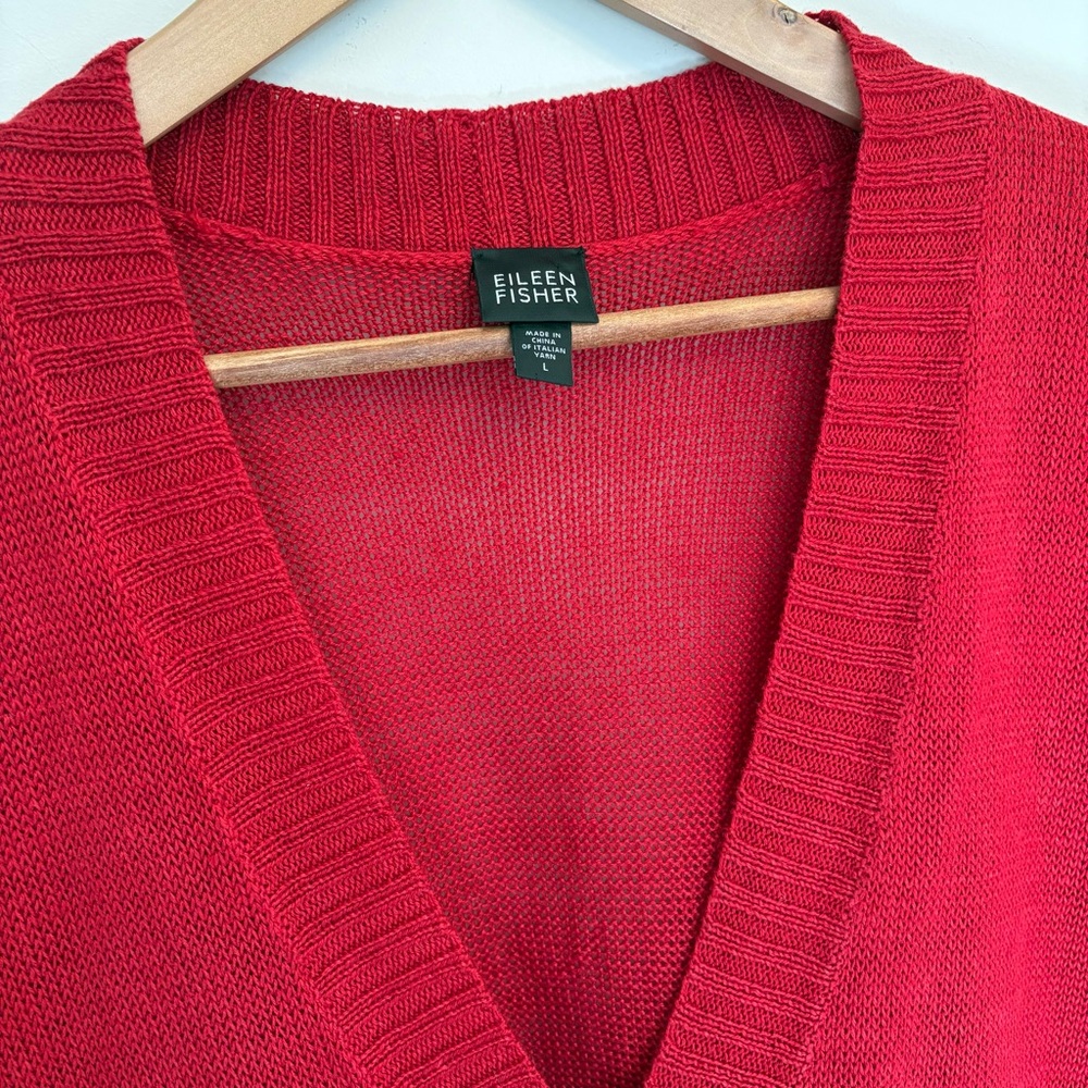 Eileen Fisher Red 100% Hemp Deep-V-Neck Over-Sized Cap Sleeve Sweater Size L - Picture 3 of 8